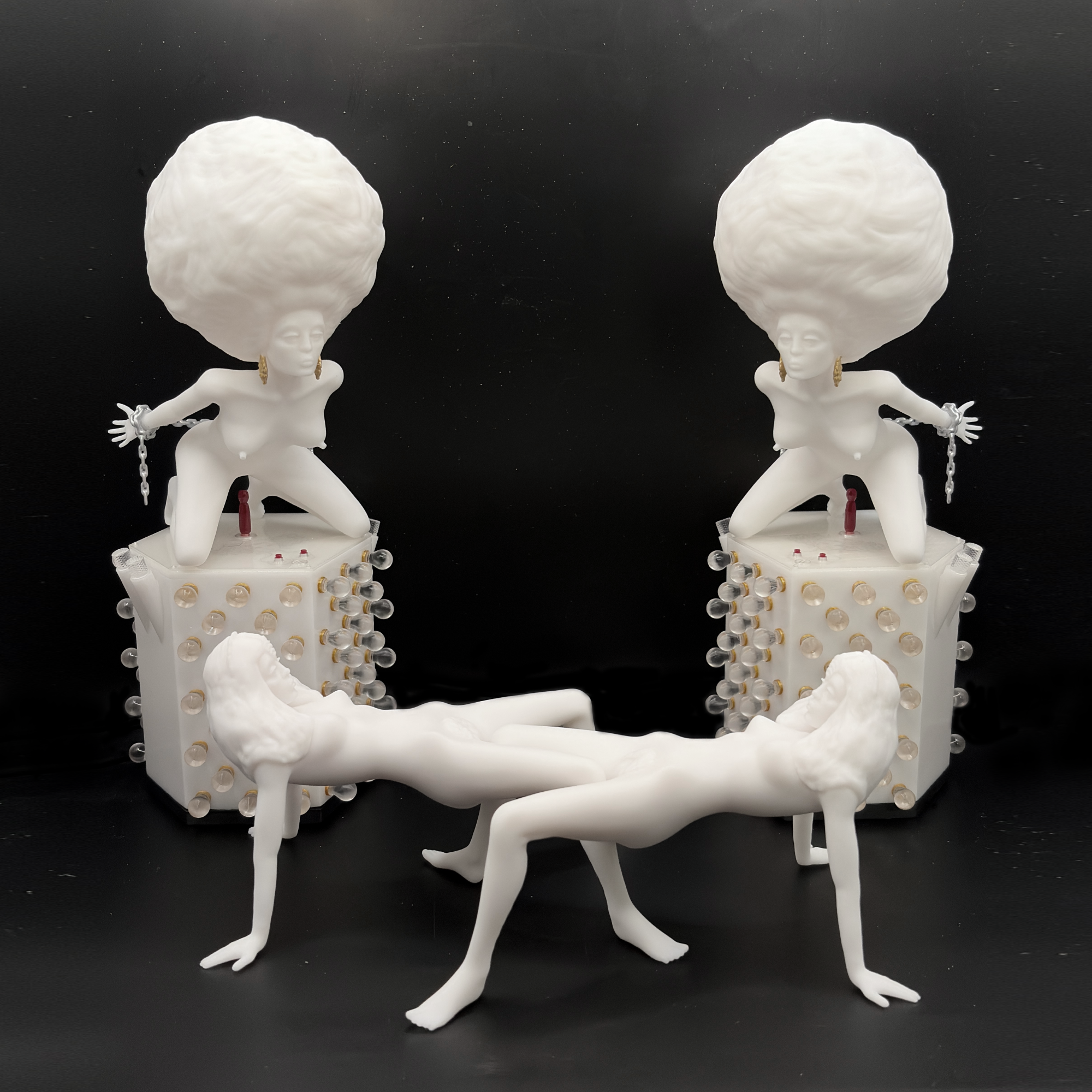 Complete Korova milk bar set with two white Milk Bar Maids and two white Milk Bar Tables against a black background
